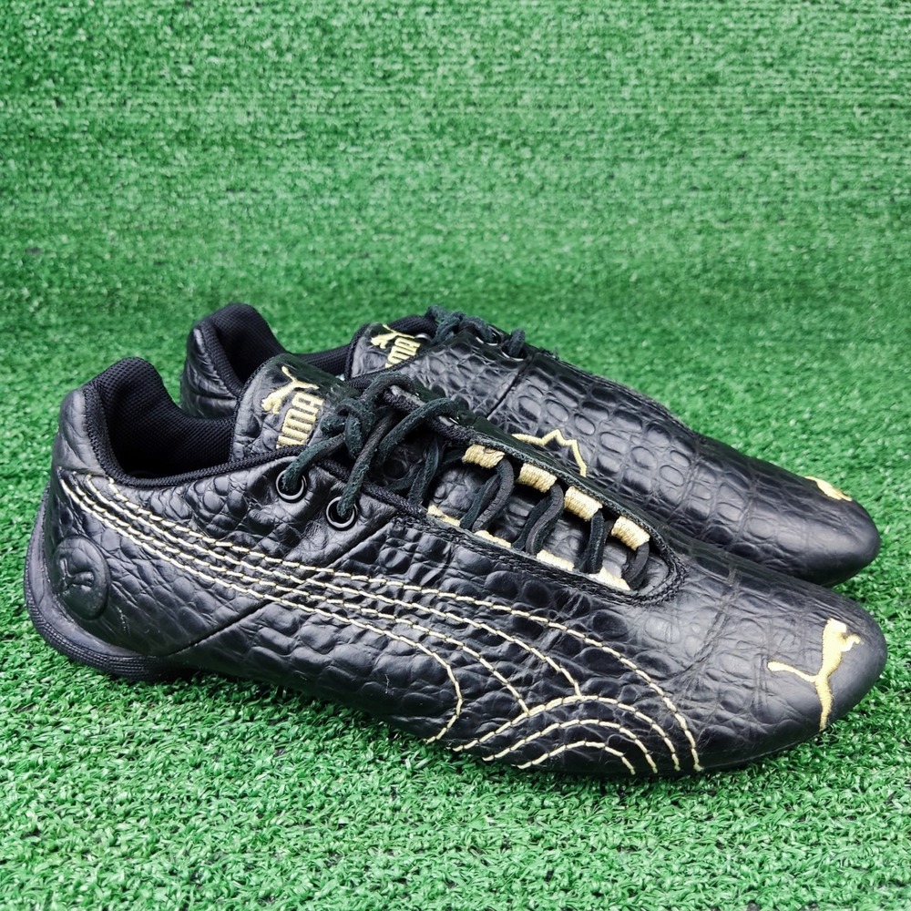 Puma Sneakers Womens 9 Black Gold Future Cat Croc Embossed Leather Motorsport